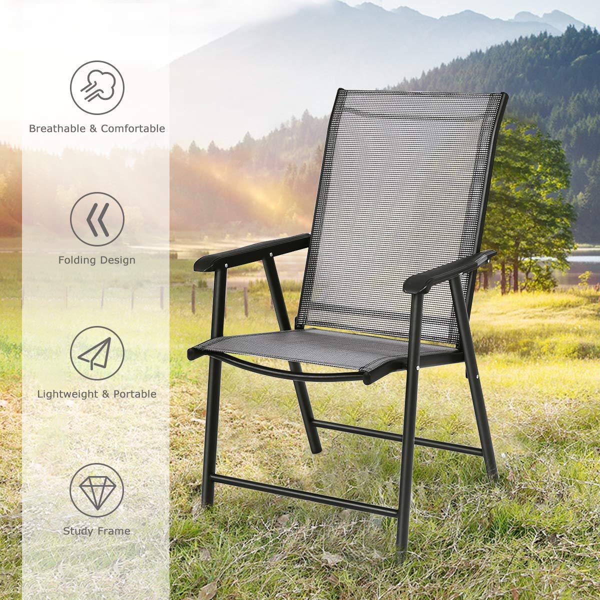S AFSTAR Patio Chairs, Outdoor Foldable Sling Chairs with Armrests for Lawn Garden Backyard Poolside Porch, Folding Outdoor Chairs (Set of 4, Gray)