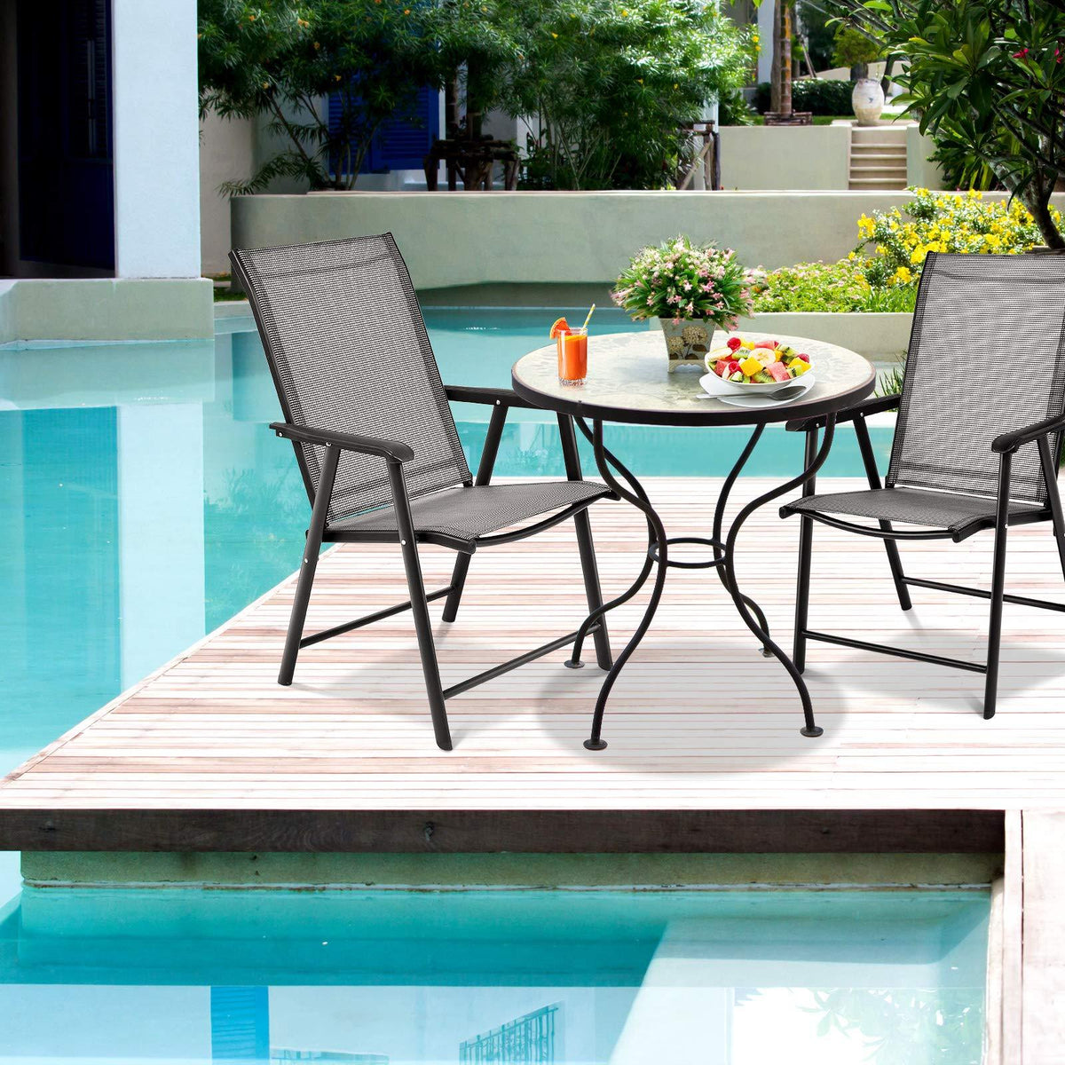 S AFSTAR Patio Chairs, Outdoor Foldable Sling Chairs with Armrests for Lawn Garden Backyard Poolside Porch, Folding Outdoor Chairs (Set of 4, Gray)