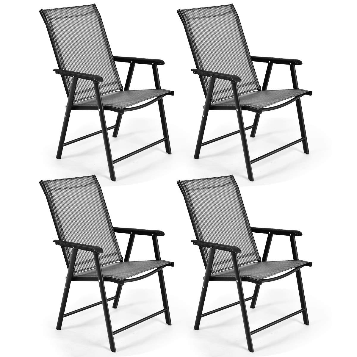 S AFSTAR Patio Chairs, Outdoor Foldable Sling Chairs with Armrests for Lawn Garden Backyard Poolside Porch, Folding Outdoor Chairs (Set of 4, Gray)