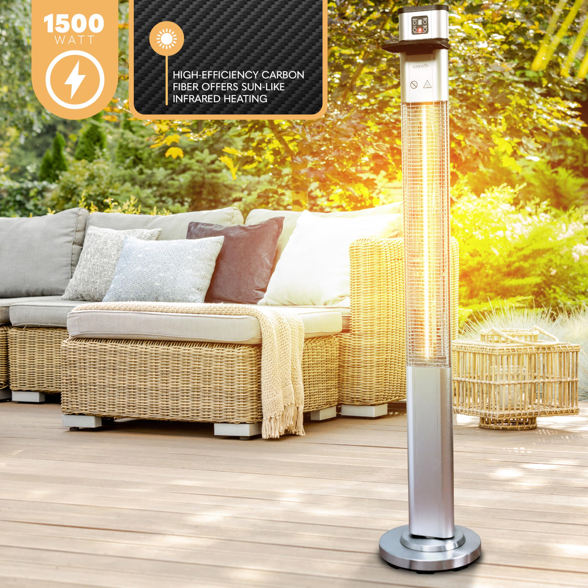 SereneLife Infrared Patio Heater, 1500W Electric Standing with Remote Control, IP44 Approved, Odorless, Three Power Settings, Indoor/Outdoor for Restaurant, Backyard, Garage, Decks