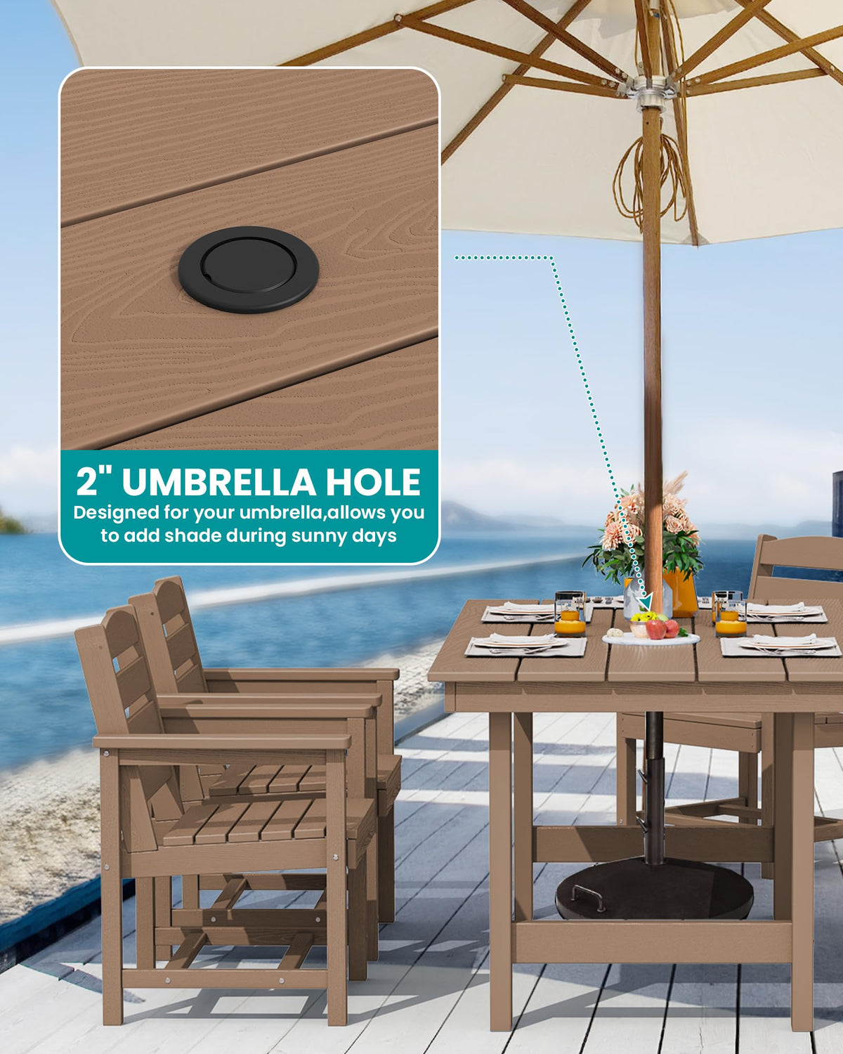 SERWALL 7-Piece Patio Outdoor Table & Chairs, HDPE Dining Set with Umbrella Hole & All-Weather Design for Lawn, Backyard, Poolside, Brown