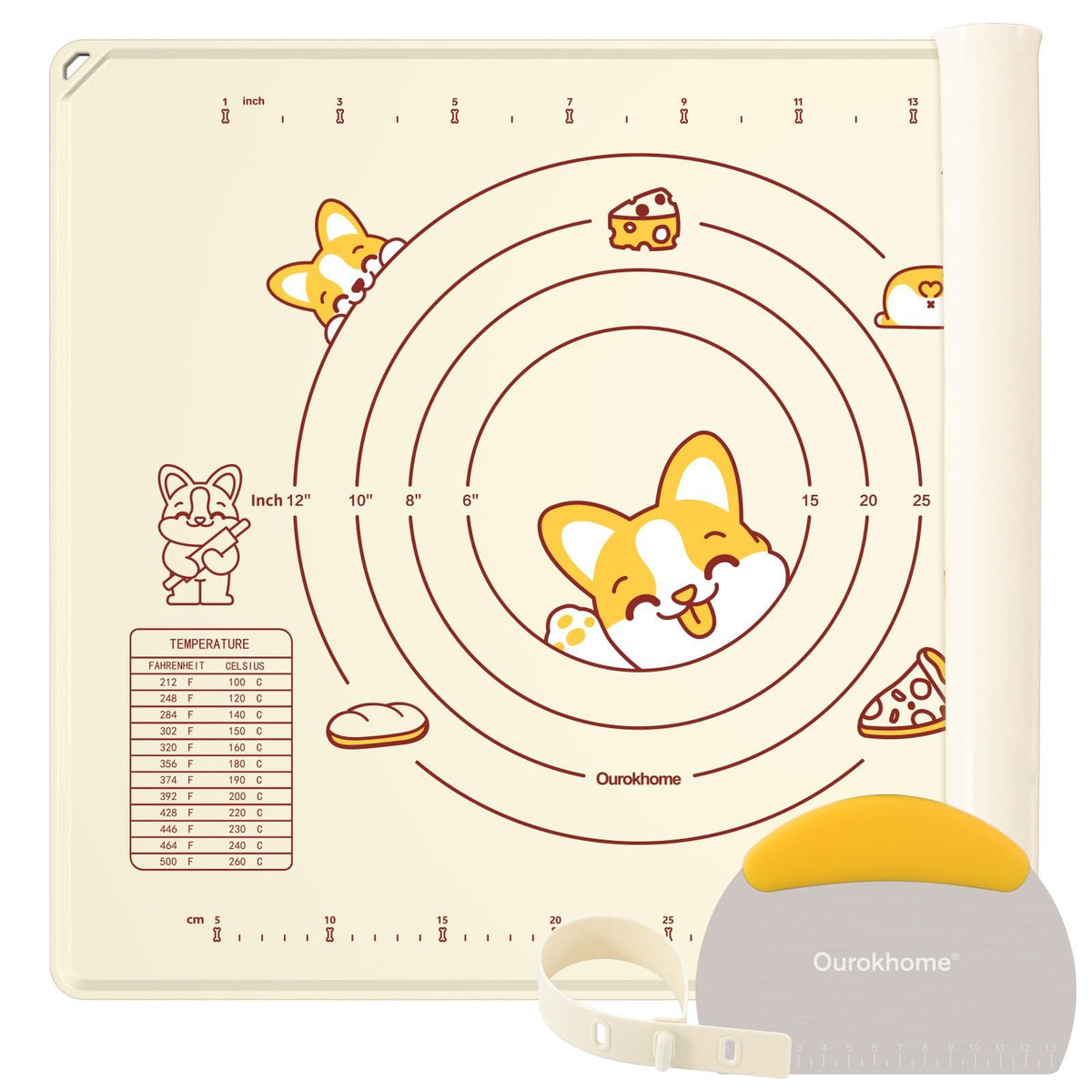 Silicone Baking Mat with Dough Cutter, Ourokhome 20'' X 16" Extra Thick Kneading Rolling mat with Measurement and Conversion Chart for Pastry, Pasta, Pizza, Fondant, Bread, Cookies (Beige)
