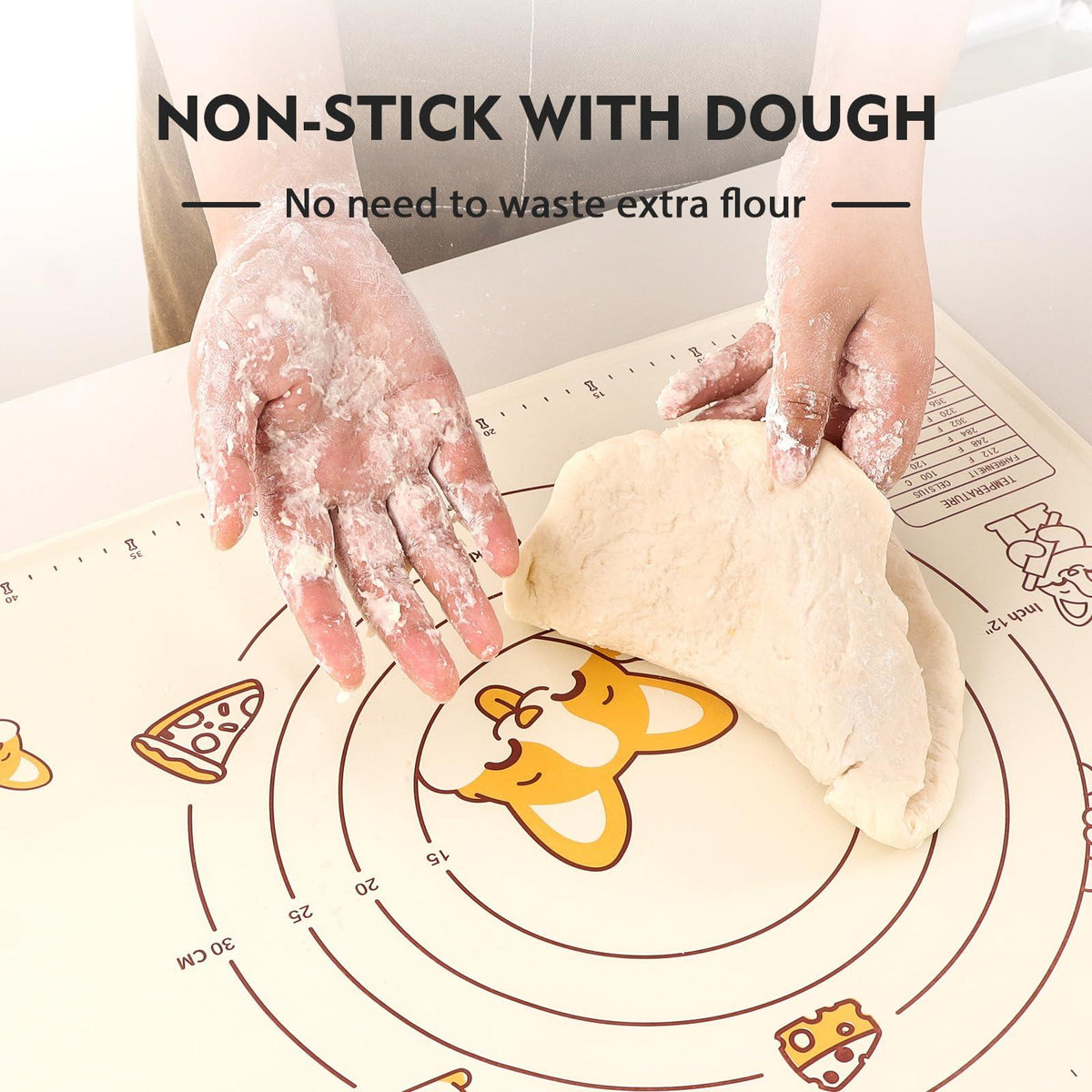 Silicone Baking Mat with Dough Cutter, Ourokhome 20'' X 16" Extra Thick Kneading Rolling mat with Measurement and Conversion Chart for Pastry, Pasta, Pizza, Fondant, Bread, Cookies (Beige)