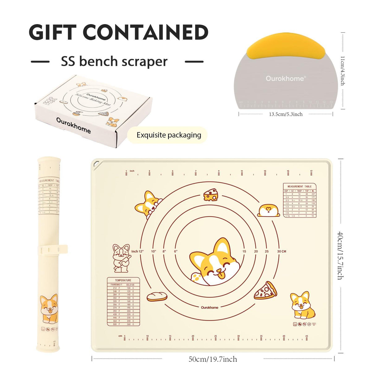 Silicone Baking Mat with Dough Cutter, Ourokhome 20'' X 16" Extra Thick Kneading Rolling mat with Measurement and Conversion Chart for Pastry, Pasta, Pizza, Fondant, Bread, Cookies (Beige)