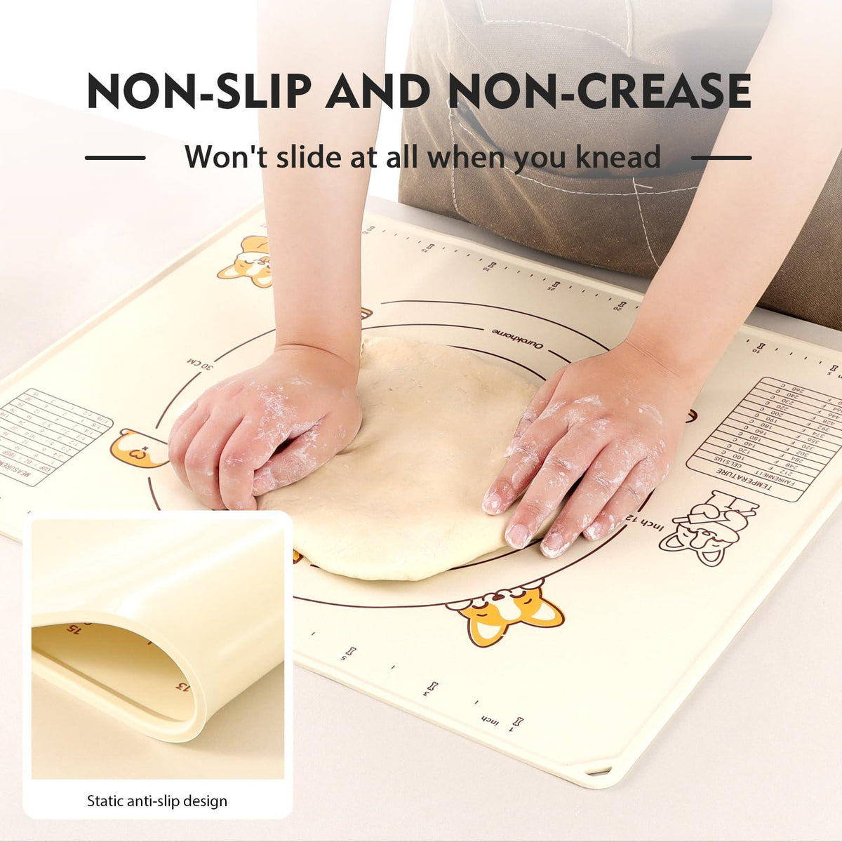Silicone Baking Mat with Dough Cutter, Ourokhome 20'' X 16" Extra Thick Kneading Rolling mat with Measurement and Conversion Chart for Pastry, Pasta, Pizza, Fondant, Bread, Cookies (Beige)