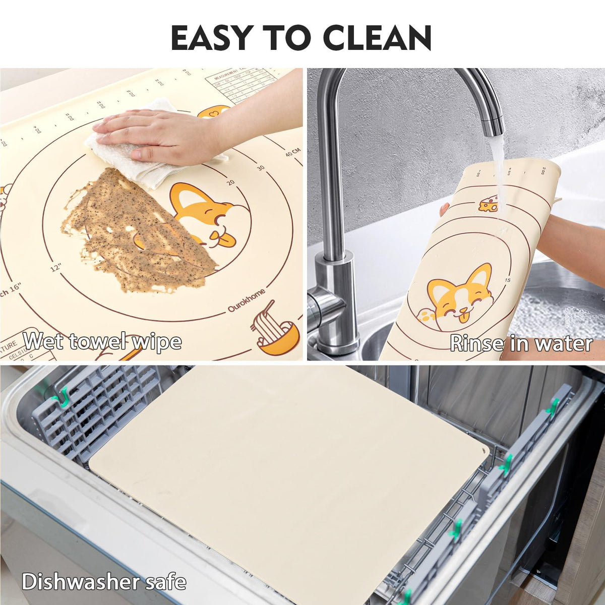 Silicone Pastry Baking Mat and Dough Cutter, Ourokhome 32" X 24" Extra Large and Thick Kneading Mat with Band, BPA Free Kitchen Rolling Pasta Board with Measurement and Conversion Chart (Beige)