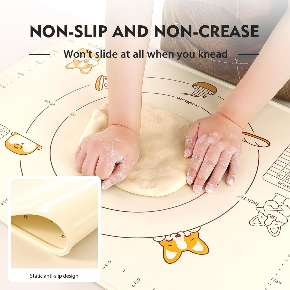 Silicone Pastry Baking Mat and Dough Cutter, Ourokhome 32" X 24" Extra Large and Thick Kneading Mat with Band, BPA Free Kitchen Rolling Pasta Board with Measurement and Conversion Chart (Beige)