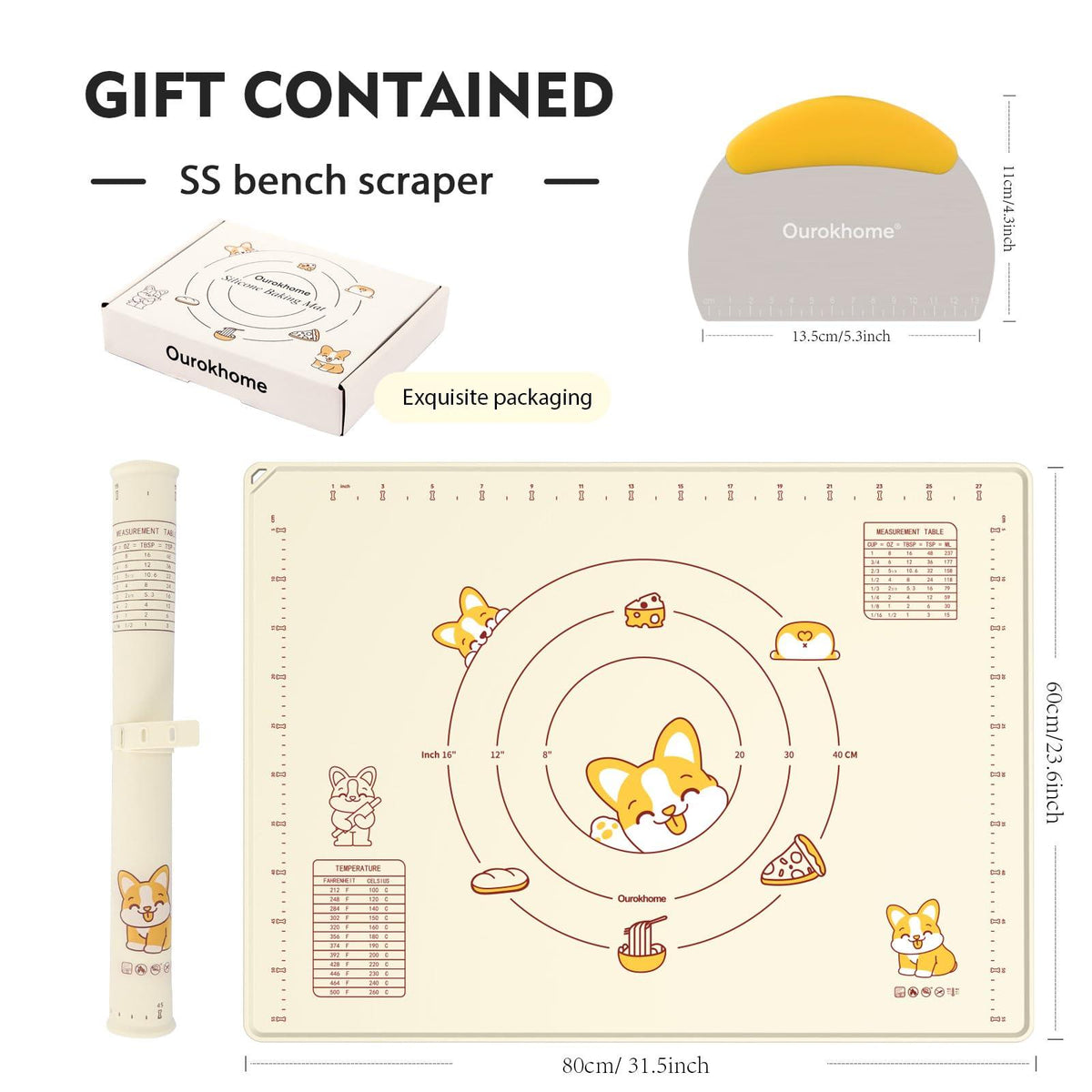 Silicone Pastry Baking Mat and Dough Cutter, Ourokhome 32" X 24" Extra Large and Thick Kneading Mat with Band, BPA Free Kitchen Rolling Pasta Board with Measurement and Conversion Chart (Beige)