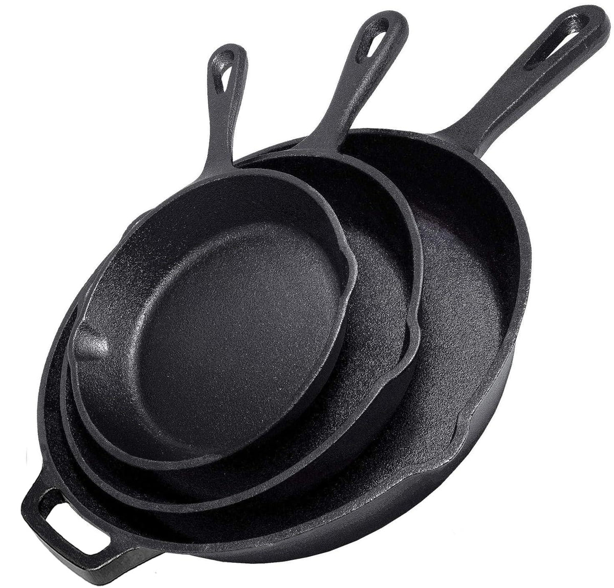 Simple Chef Cast Iron Skillet 3-Piece Set - 12", 10", 8" Heavy Duty Pans - Professional Restaurant Chef Quality Pre-Seasoned Pan Cookware Set