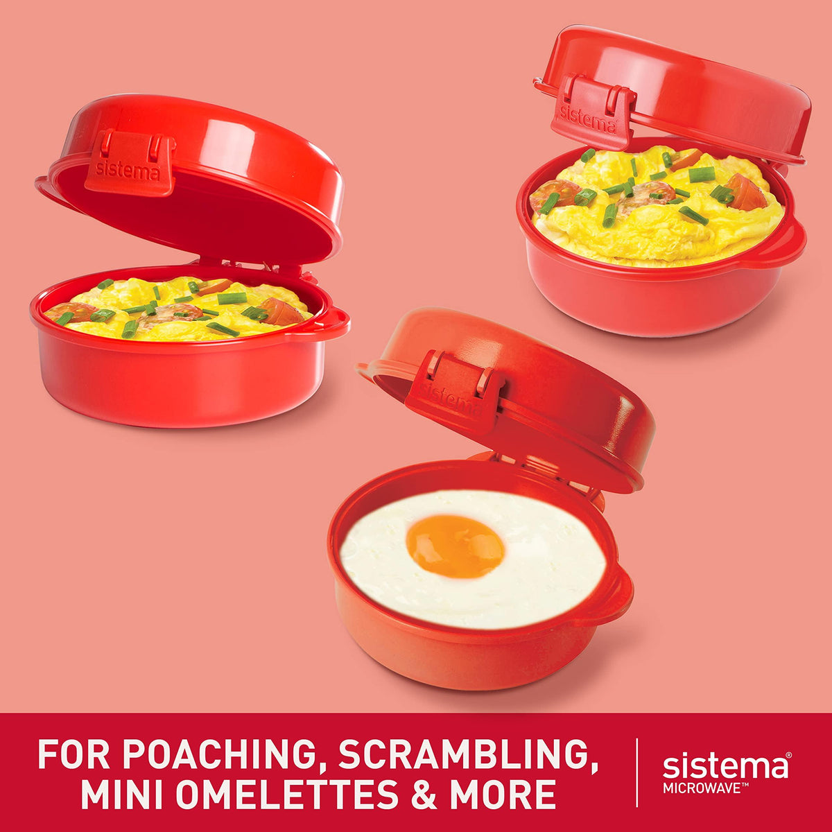 Sistema Microwave Egg Cooker and Poacher with Steam Release Vent, Dishwasher Safe, 9.16-Ounce, Red
