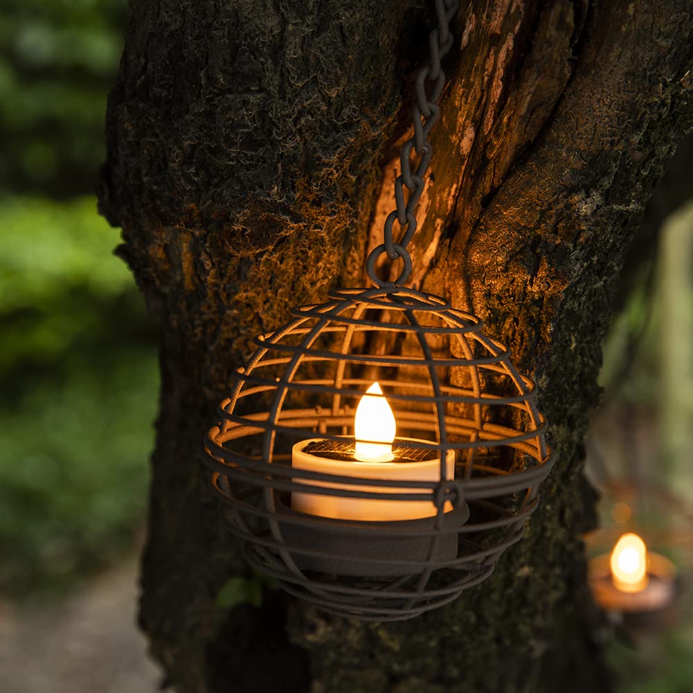 Solar Hanging Lanterns Outdoor Waterproof, Rust Iron Ball Candle Holder with Flickering Solar Powered Tea Lights, Perfect Chargeable Solar Lights for Backyard Patio Garden Fence Tree Decoration-4Pack