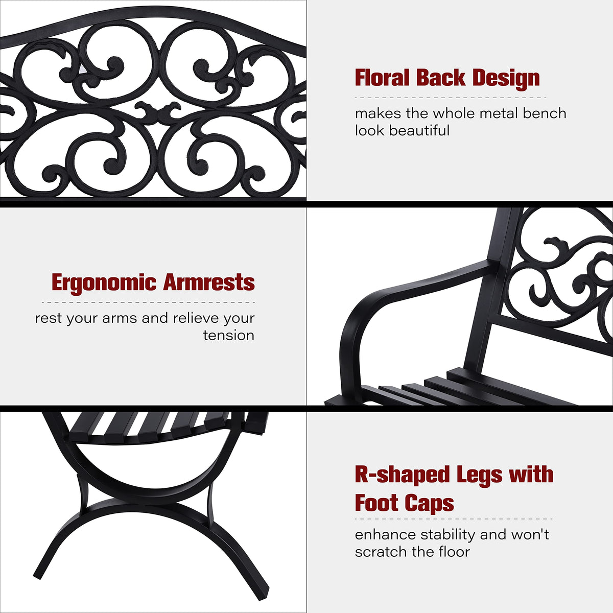 Sophia & William 50" Outdoor Garden Bench Patio Park Bench, Cast Iron Metal Frame Furniture with Floral Design Backrest for Porch Yard Lawn Deck, Black