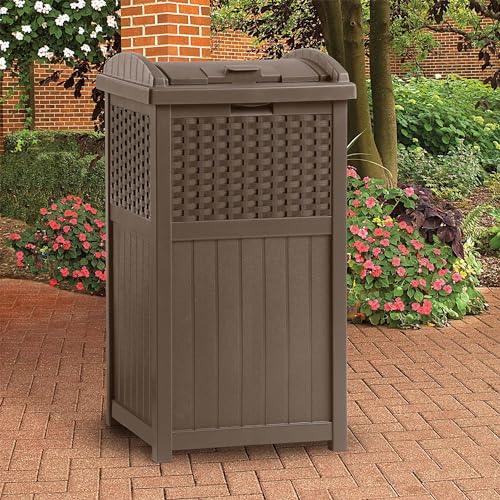 Suncast 33 Gallon Hideaway Can Resin Outdoor Trash with Lid Use in Backyard, Deck, or Patio, 33-Gallon, Brown