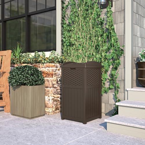 Suncast 33 Gallon Hideaway Can Resin Outdoor Trash with Lid Use in Backyard, Deck, or Patio, 33-Gallon, Brown
