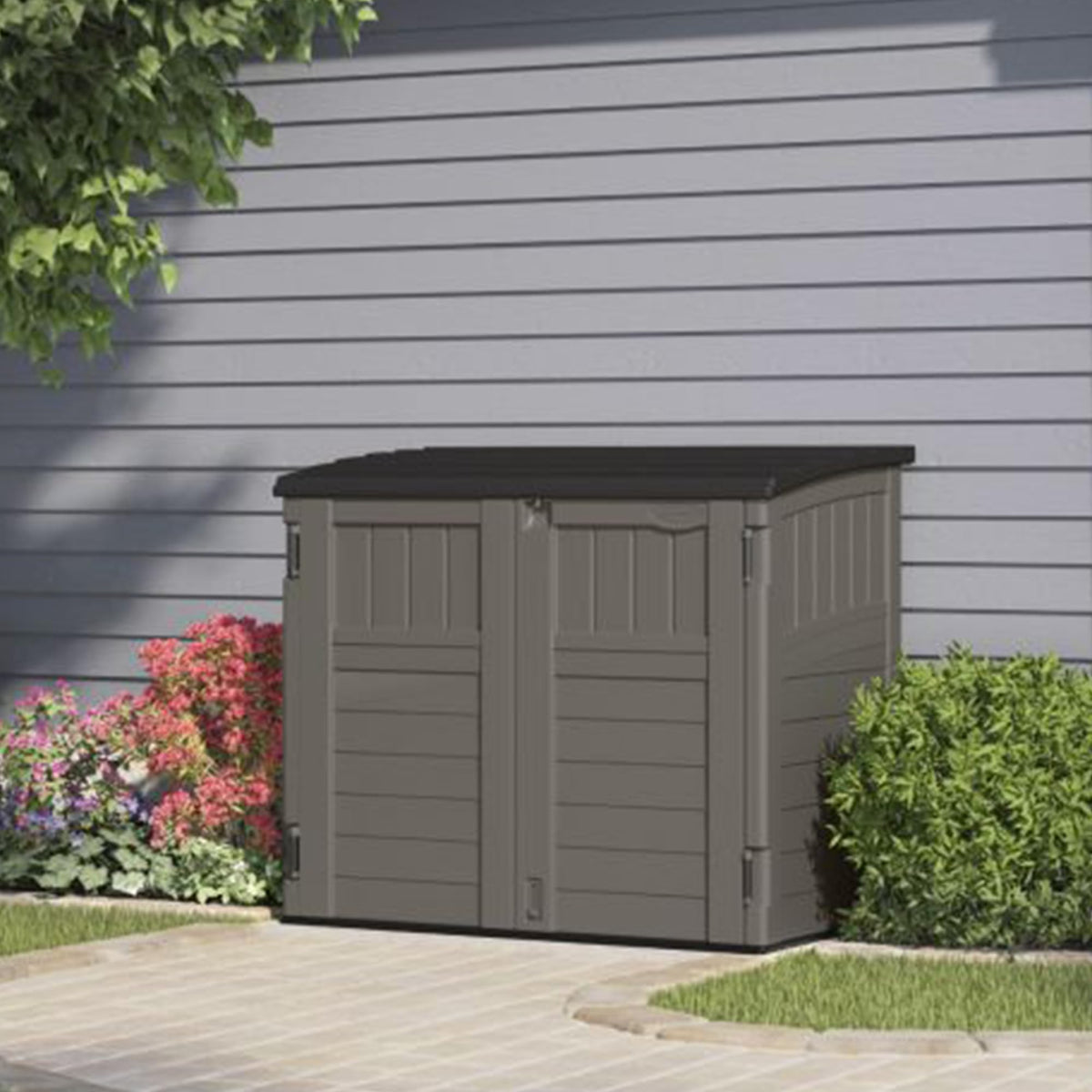 Suncast 34 Cu. Ft. Horizontal Shed for Outdoor Storage w/Locking System, Stoney/Black