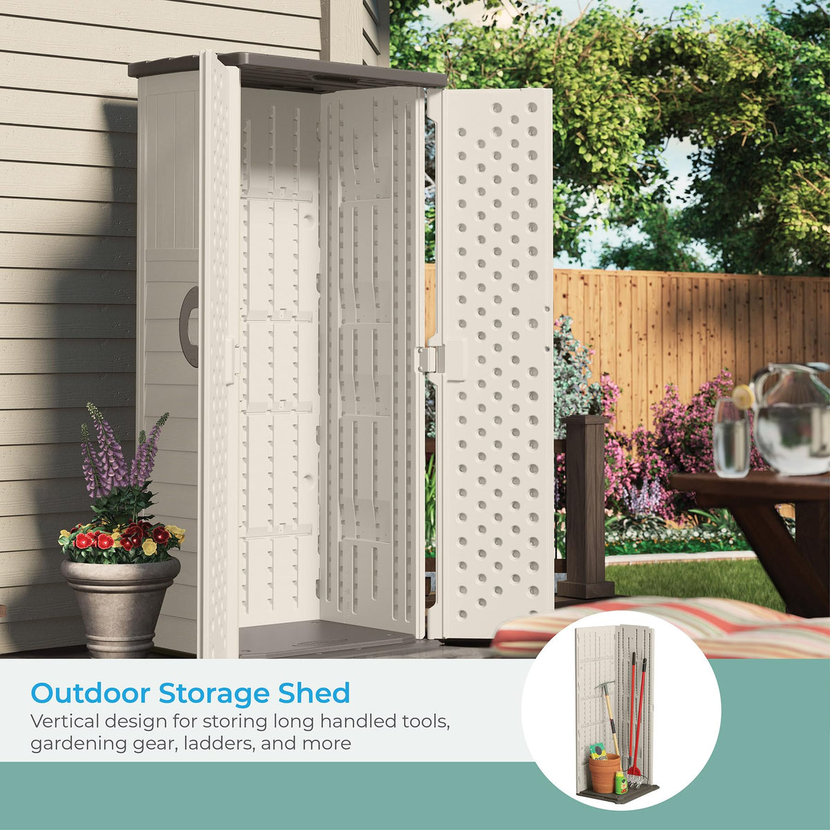 Suncast Vertical Outdoor Storage Shed with Reinforced Floor, Lockable Double Doors, All-Weather Construction, and Multi-Wall Panels, Vanilla, Made in the USA