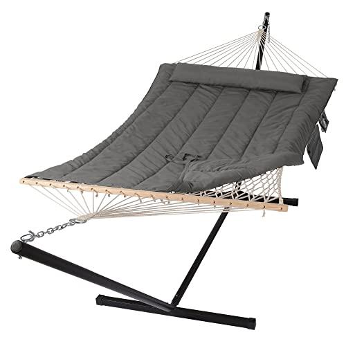 SUNCREAT Double Outdoor Hammock with Stand, Two Person Cotton Rope Hammock with Polyester Pad, Dark Gray
