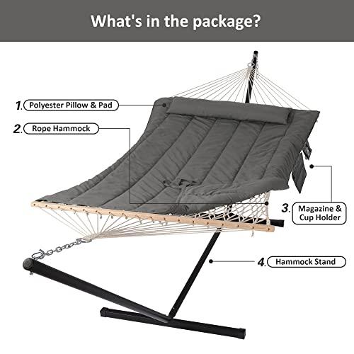 SUNCREAT Double Outdoor Hammock with Stand, Two Person Cotton Rope Hammock with Polyester Pad, Dark Gray