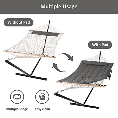 SUNCREAT Double Outdoor Hammock with Stand, Two Person Cotton Rope Hammock with Polyester Pad, Dark Gray