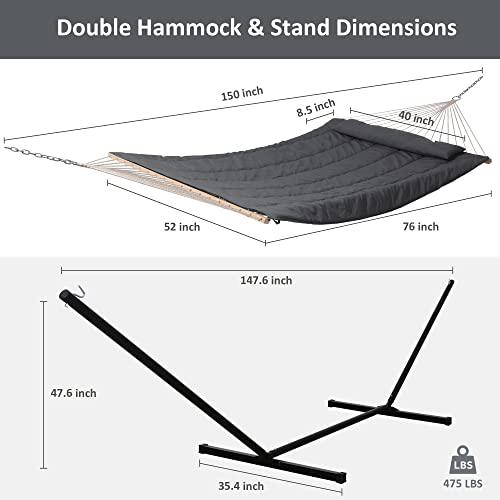 SUNCREAT Double Outdoor Hammock with Stand, Two Person Cotton Rope Hammock with Polyester Pad, Dark Gray