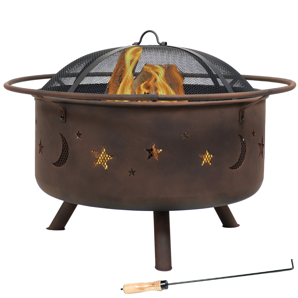Sunnydaze Cosmic 30-Inch Outdoor Fire Pit - Wood Burning Fire Pit with Cooking BBQ Grill Grate, Spark Screen, and Fireplace Poker - Celestial Design