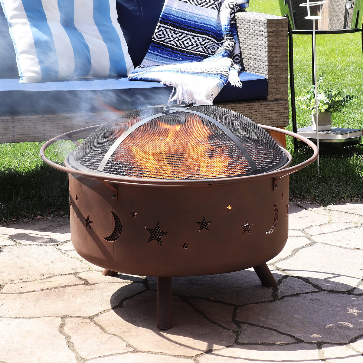 Sunnydaze Cosmic 30-Inch Outdoor Fire Pit - Wood Burning Fire Pit with Cooking BBQ Grill Grate, Spark Screen, and Fireplace Poker - Celestial Design
