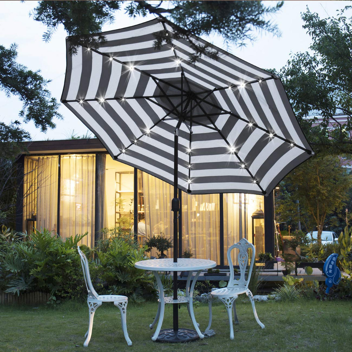 Sunnyglade 9' Solar 24 LED Lighted Umbrella with 8 Ribs Adjustment and Crank Lift System for Patio - Black and White