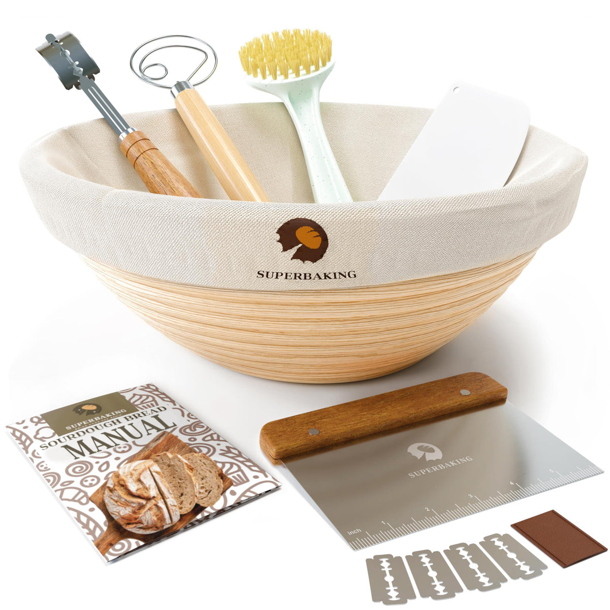 Superbaking Bread Proofing Basket, Round 9 inch Sourdough Starter Kit, Proofing Basket for Bread baking, Bread Making Supplies Tools, Banneton Basket Gift Set