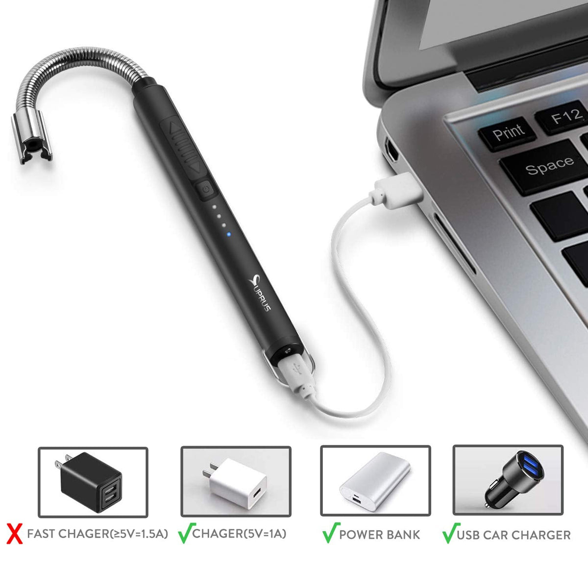 SUPRUS Electric Candle Lighter USB Type C Rechargeable Lighter Steel Shell & Hanging Hook with 360° Flexible Neck (Black)