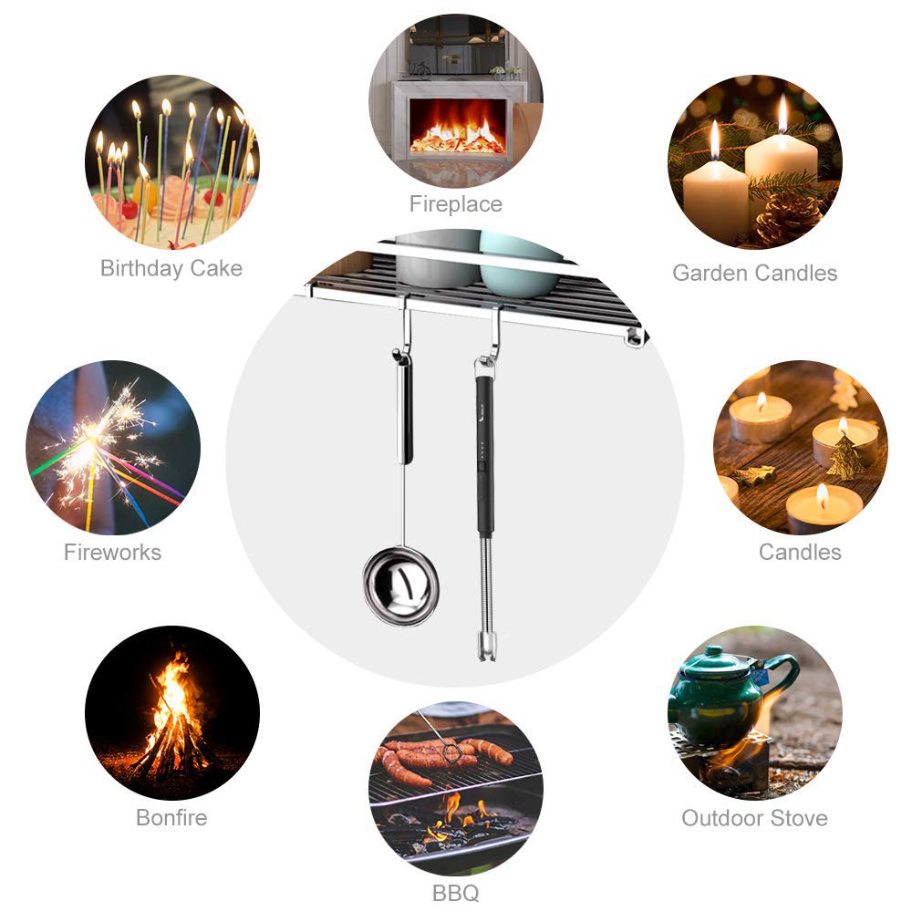 SUPRUS Electric Candle Lighter USB Type C Rechargeable Lighter Steel Shell & Hanging Hook with 360° Flexible Neck (Black)