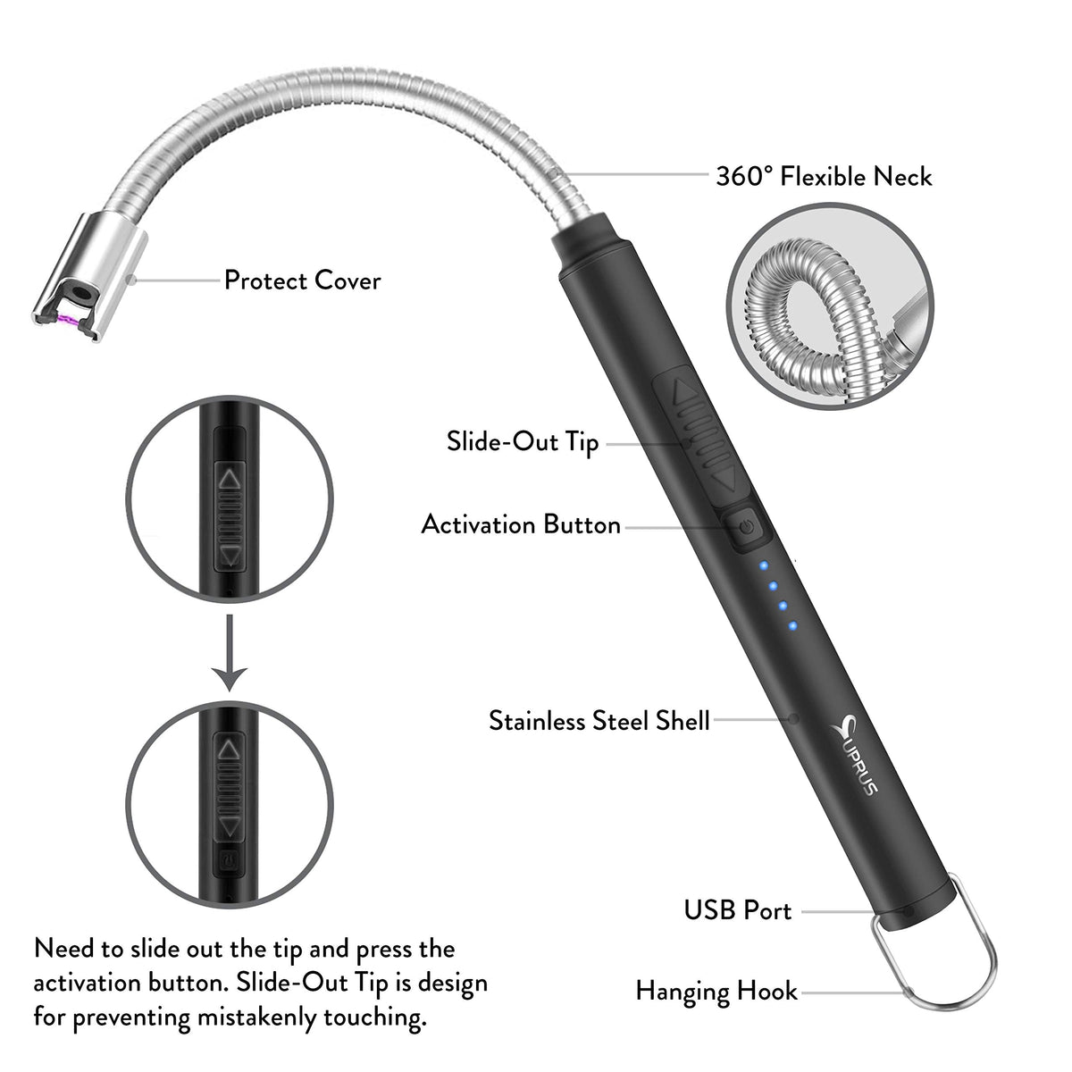 SUPRUS Electric Candle Lighter USB Type C Rechargeable Lighter Steel Shell & Hanging Hook with 360° Flexible Neck (Black)