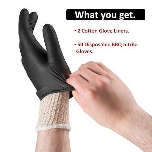 Tackleit BBQ Gloves for Cooking Baking Grilling, 50 Pcs Disposable Nitrile Gloves and 2 Pcs Cotton Glove Liners Washable