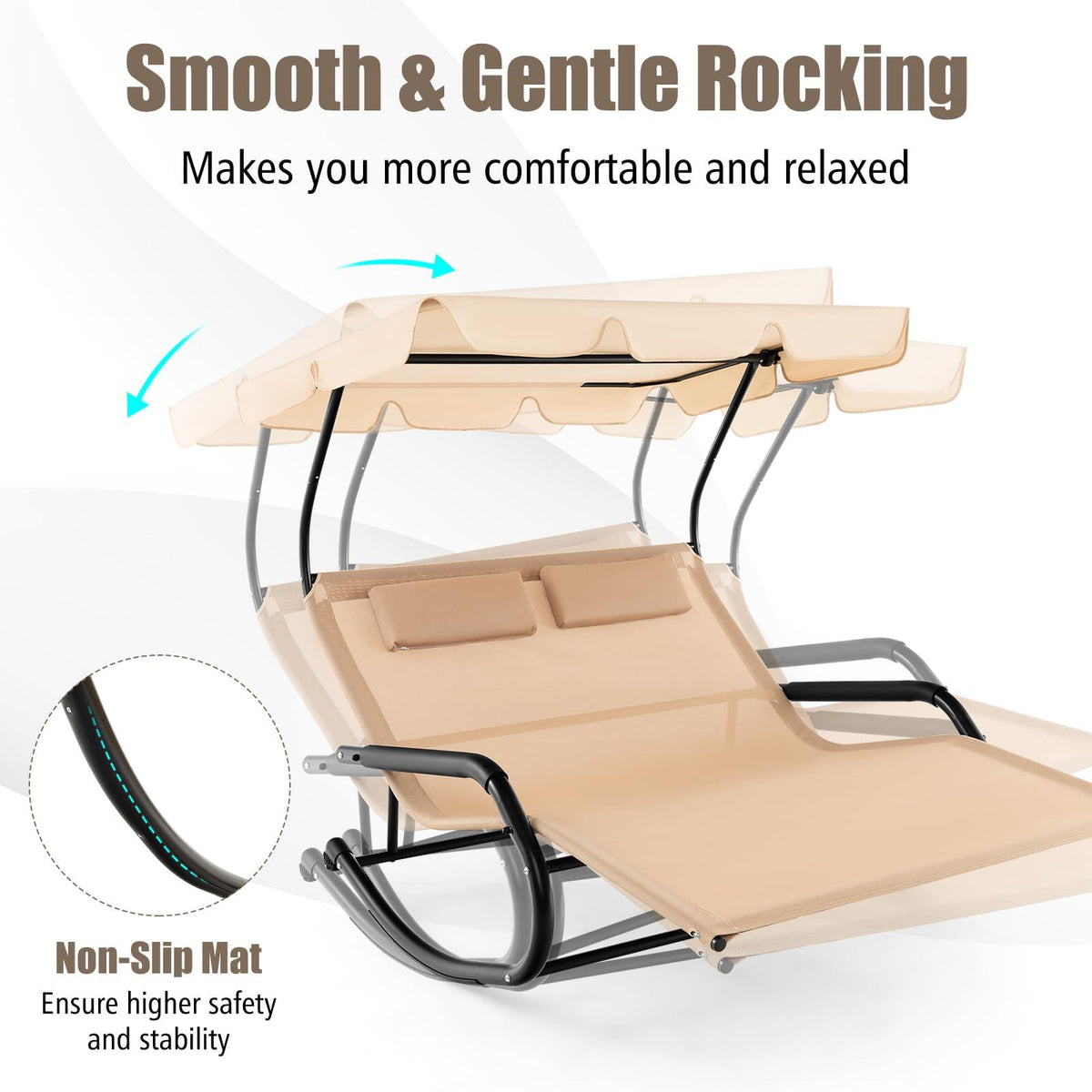Tangkula 2 Person Lounge Chair with Adjustable Canopy, Outdoor Chaise Lounge with 2 Detachable Pillows and Wheels, Extra Large Double Patio Hammock Bed Swing for Backyard, Poolside