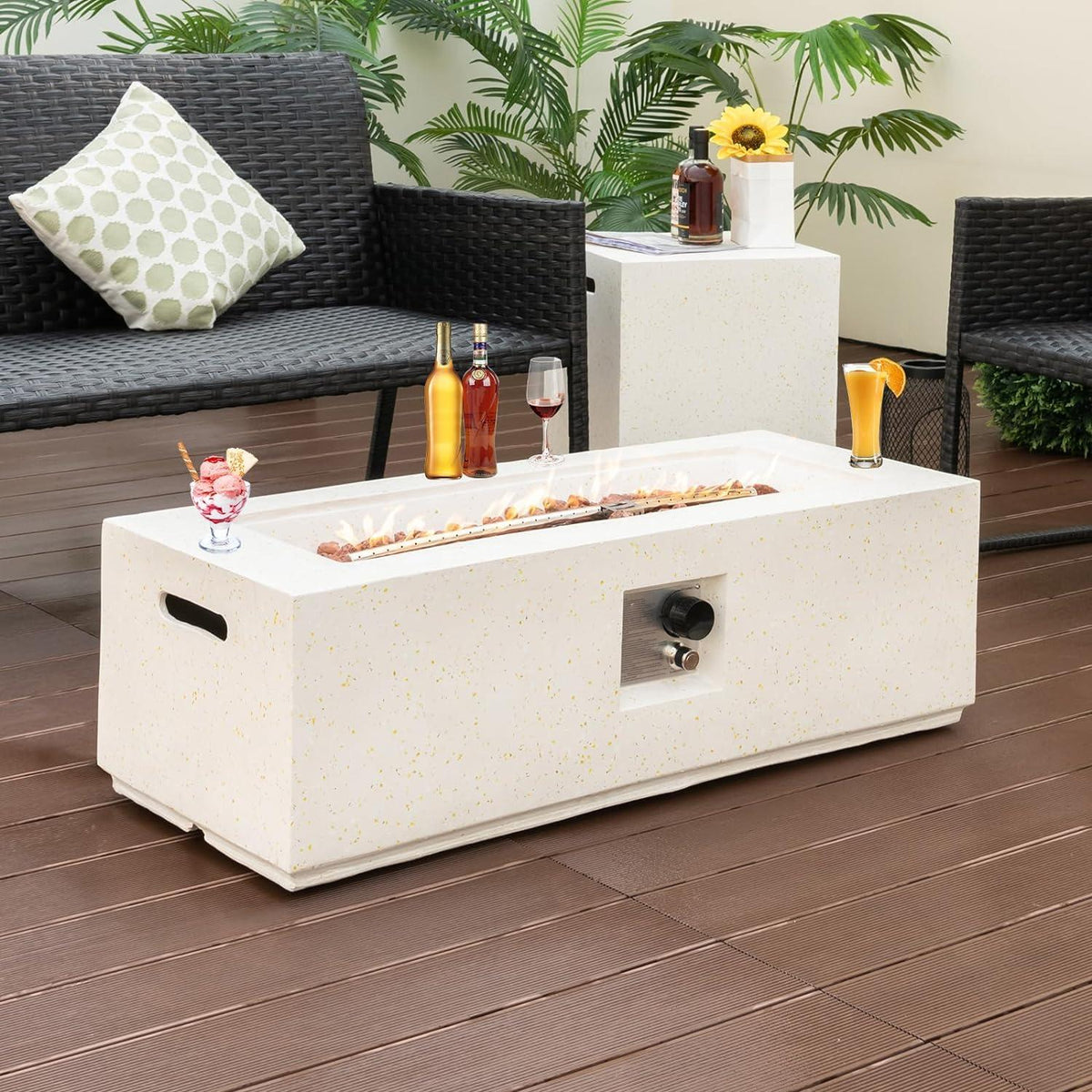 Tangkula 50,000 BTU Propane Fire Pit Table Set, 42” Terrazzo Fire Pit Table with Hideaway Tank Holder, Stainless Steel Burner, Protective Cover, Lava Rocks, CSA Certification, Fit 20 lbs Tank