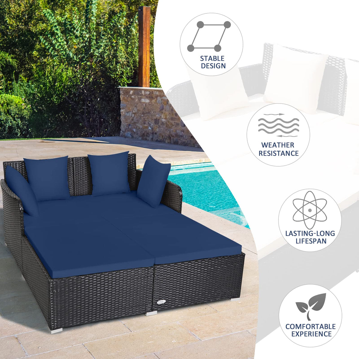 Tangkula Outdoor Rattan Daybed, Sunbed Wicker Furniture w/Spacious Seat, Upholstered Cushion & High-Resilience Sponge, Wicker Patio Sofa Set w/Extra Pillows for Courtyard Poolside (Navy)