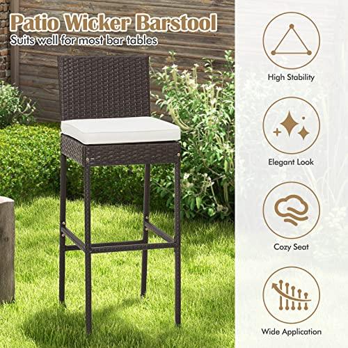 Tangkula Set of 2 Patio Wicker Barstools, Outdoor Bar Height Chair w/Soft Seat Cushion & Cozy Footrest, Heavy-Duty Metal Frame, 400 lbs Max Load, Mix Brown Rattan Bar Chair for Backyard, Balcony
