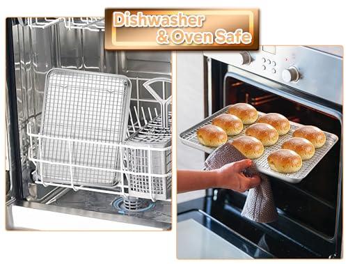 TeamFar Baking Sheet with Rack, 16 x 12 x 1 Inch Stainless Steel Cookie Baking Pan Tray with Grid Rack for Baking Roasting Cooling, Healthy & Heavy-Duty, Oven & Dishwasher Safe