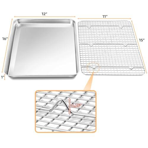 TeamFar Baking Sheet with Rack, 16 x 12 x 1 Inch Stainless Steel Cookie Baking Pan Tray with Grid Rack for Baking Roasting Cooling, Healthy & Heavy-Duty, Oven & Dishwasher Safe