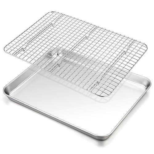TeamFar Baking Sheet with Rack, 16 x 12 x 1 Inch Stainless Steel Cookie Baking Pan Tray with Grid Rack for Baking Roasting Cooling, Healthy & Heavy-Duty, Oven & Dishwasher Safe
