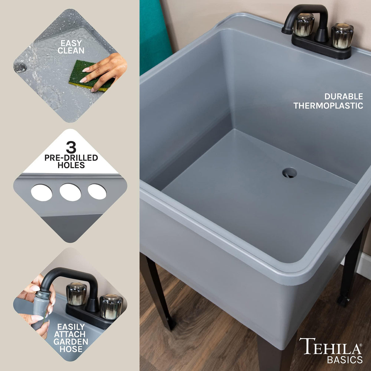 Tehila Basics by JS Jackson Supplies 21-Gallon Grey Freestanding Utility Sink with Black 2-Handle Faucet, Heavy Duty Plastic Laundry Tub with Adjustable Legs