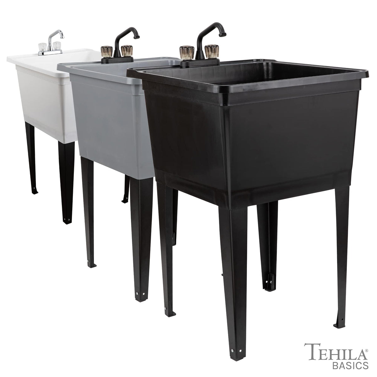 Tehila Basics by JS Jackson Supplies 21-Gallon Grey Freestanding Utility Sink with Black 2-Handle Faucet, Heavy Duty Plastic Laundry Tub with Adjustable Legs
