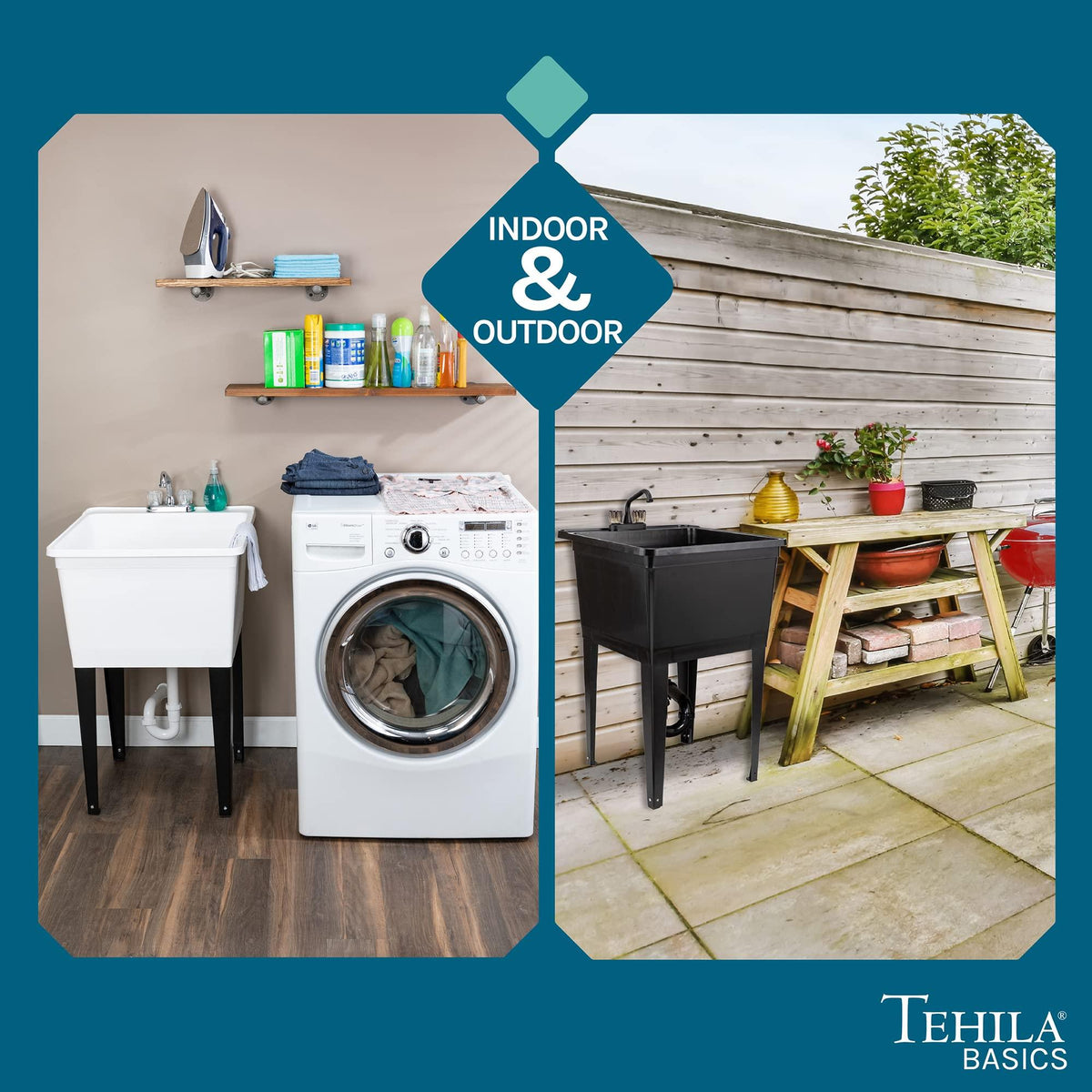 Tehila Basics by JS Jackson Supplies 21-Gallon Grey Freestanding Utility Sink with Black 2-Handle Faucet, Heavy Duty Plastic Laundry Tub with Adjustable Legs