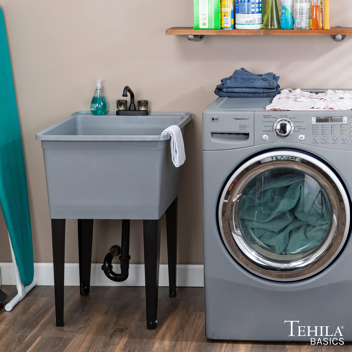 Tehila Basics by JS Jackson Supplies 21-Gallon Grey Freestanding Utility Sink with Black 2-Handle Faucet, Heavy Duty Plastic Laundry Tub with Adjustable Legs