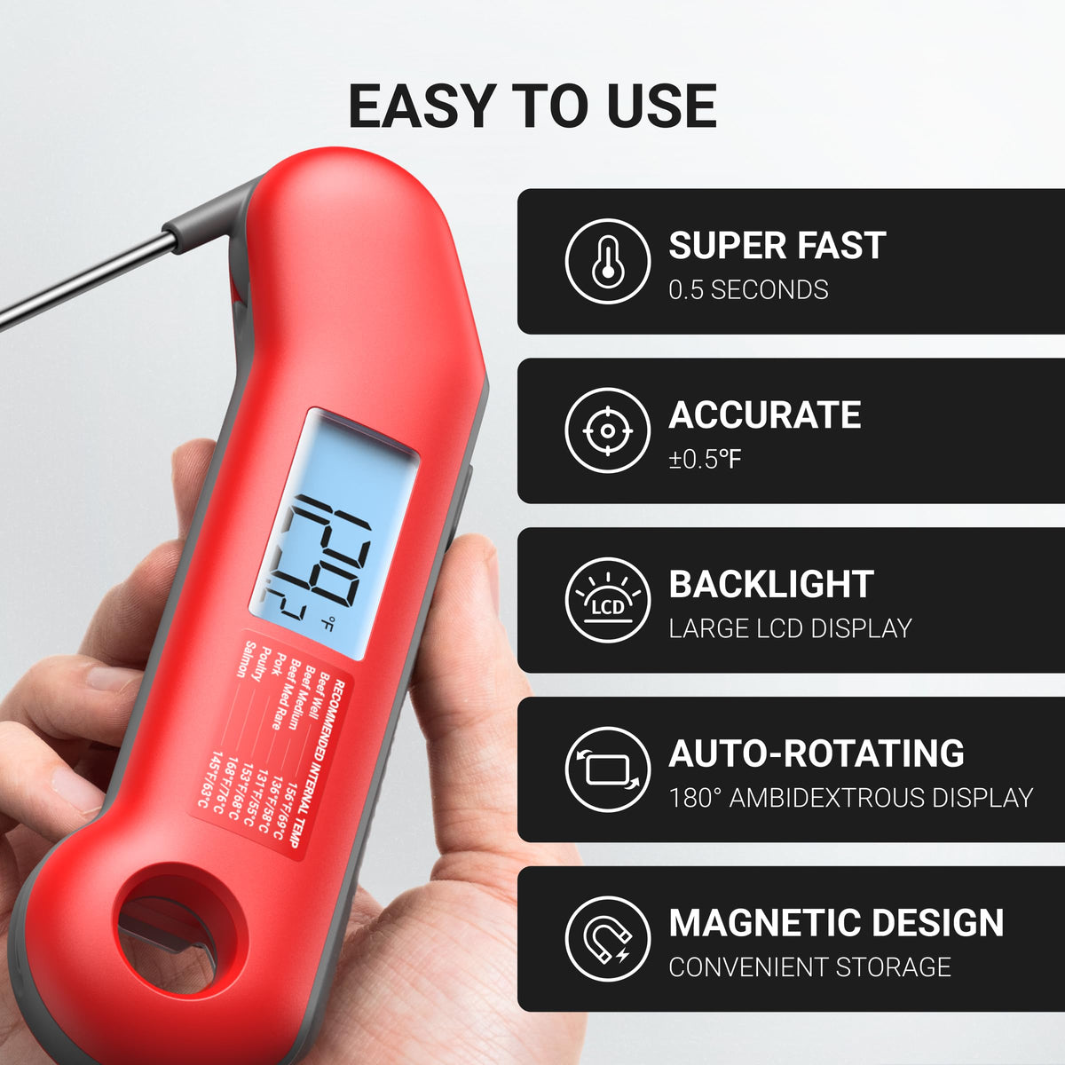 ThermoMaven Professional Meat Thermometer Digital, Ultra-Fast 0.5 Sec Instant Read, NIST Certified ±0.5°F Accuracy, 100% Waterproof, Auto-Rotating Backlit Display, Lift-to-Wake, for BBQ/Cooking/Candy