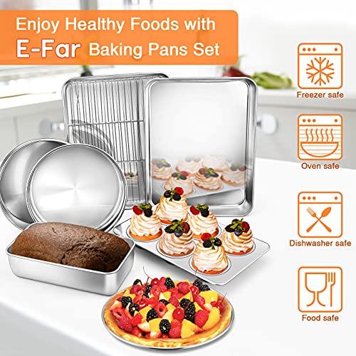 Toaster Oven Bakeware Set, E-far 8-Piece Stainless Steel Small Baking Pan Set, Include 6-Inch Cake Pan/Rectangle Baking Pan/Cookie Sheet with Rack/Muffin/Loaf/Pizza Pan, Non-Toxic & Dishwasher Safe