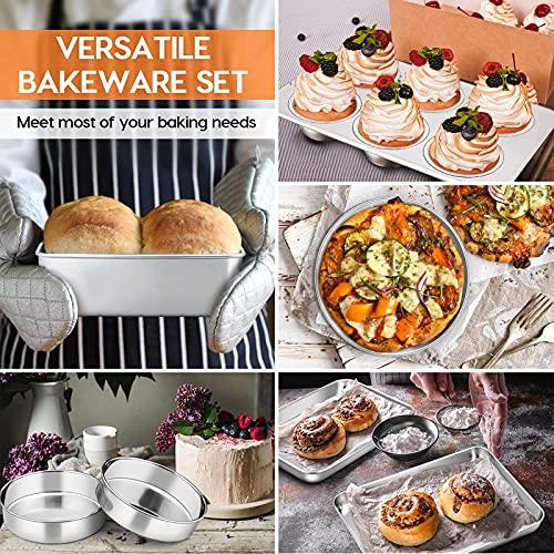 Toaster Oven Bakeware Set, E-far 8-Piece Stainless Steel Small Baking Pan Set, Include 6-Inch Cake Pan/Rectangle Baking Pan/Cookie Sheet with Rack/Muffin/Loaf/Pizza Pan, Non-Toxic & Dishwasher Safe