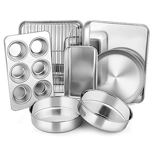 Toaster Oven Bakeware Set, E-far 8-Piece Stainless Steel Small Baking Pan Set, Include 6-Inch Cake Pan/Rectangle Baking Pan/Cookie Sheet with Rack/Muffin/Loaf/Pizza Pan, Non-Toxic & Dishwasher Safe