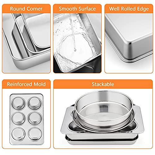 Toaster Oven Bakeware Set, E-far 8-Piece Stainless Steel Small Baking Pan Set, Include 6-Inch Cake Pan/Rectangle Baking Pan/Cookie Sheet with Rack/Muffin/Loaf/Pizza Pan, Non-Toxic & Dishwasher Safe