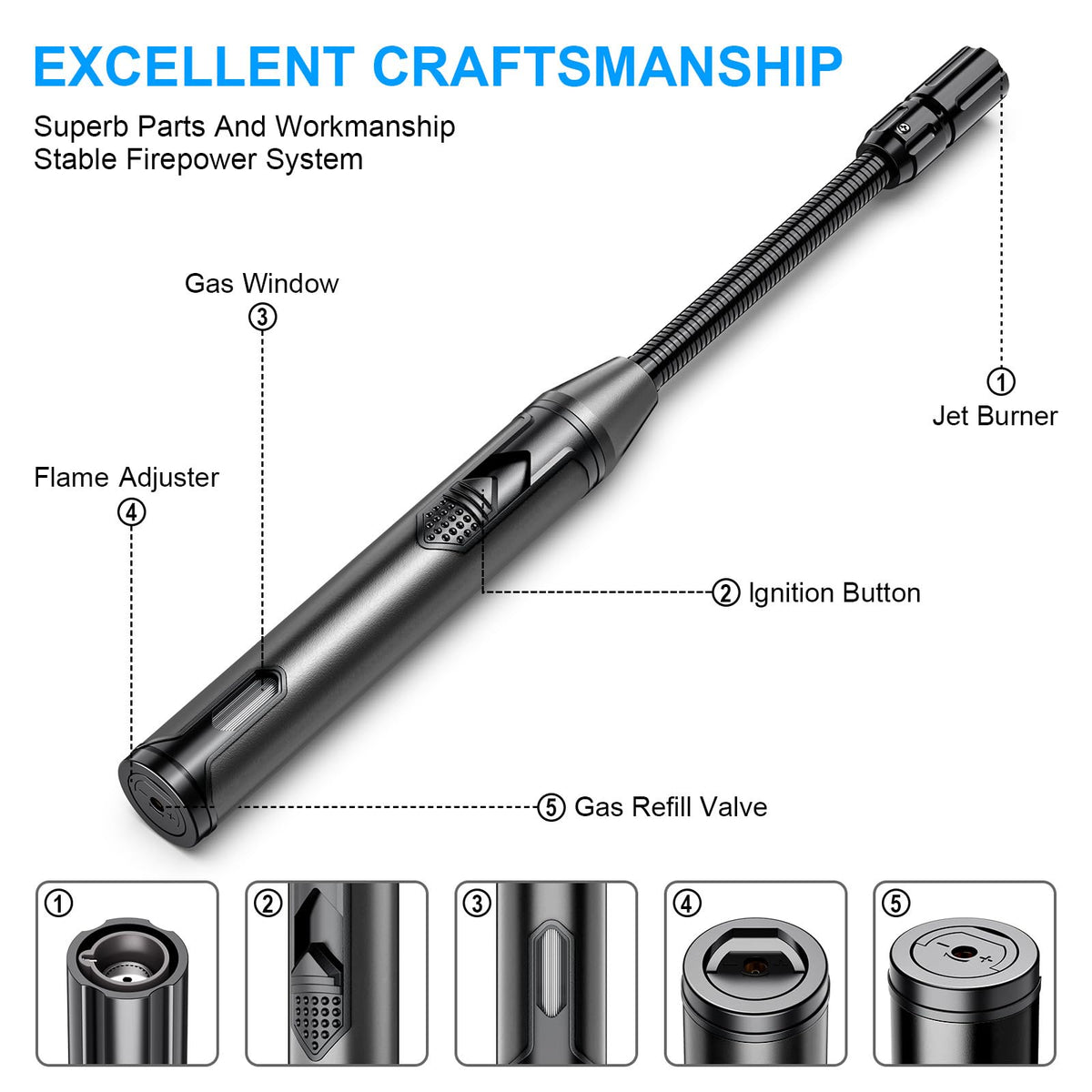 TOPKAY Torch Lighter Refillable Butane Lighter Long Flexible Neck Multipurpose Lighter for Candles Grill BBQ Fireplaces Kitchen Camping (No Prefilled)