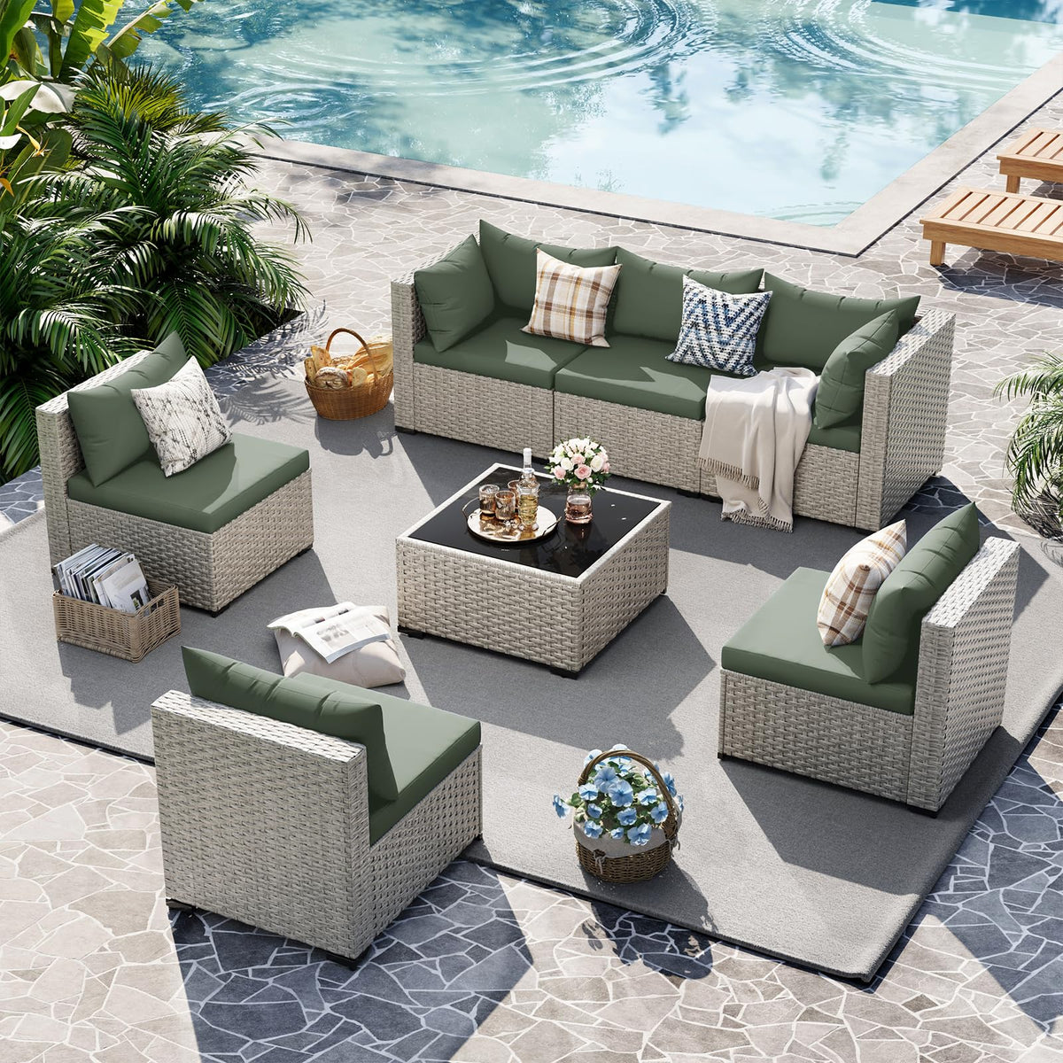UDPATIO Outdoor Patio Furniture Set, 7-Piece PE Wicker Sectional Sofa with Tea Table, Outdoor Conversation Set for Patio, Garden, Backyard Green